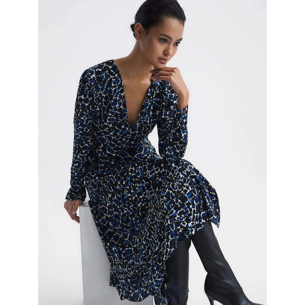 Reiss Greta Blue Abstract Print Long Sleeve Midi Dress Size 4 US 8 UK - Picture 6 of 14